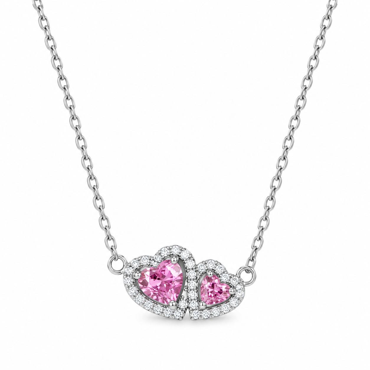 925 Sterling Silver Double Pink Heart Necklace