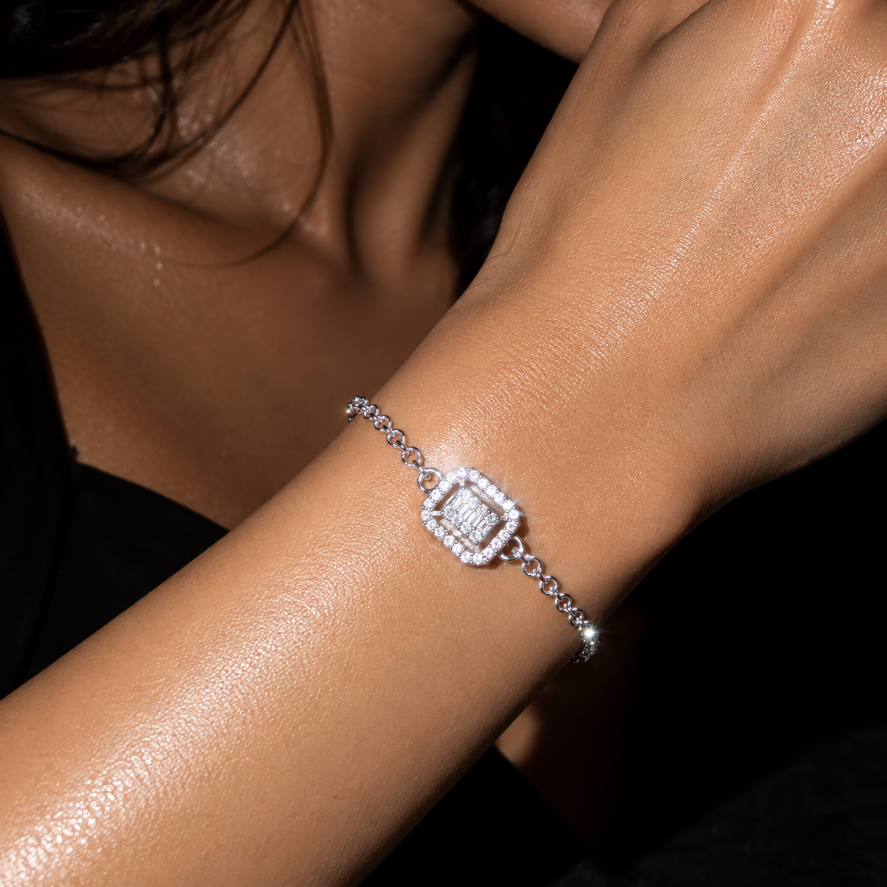 Square Halo Silver Bracelet - Sterling Silver 925