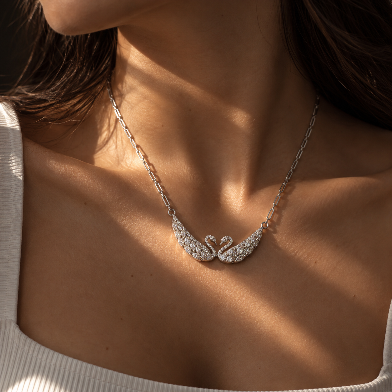 Eternal Love Dual Swan Necklace - 925 Sterling Silver Pavé Statement Piece