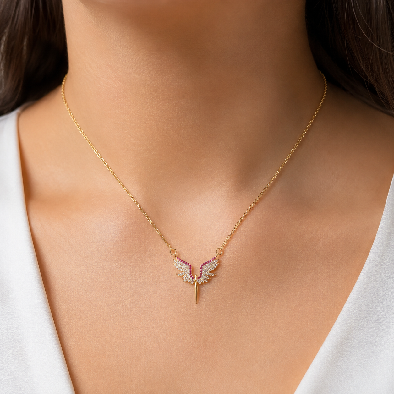 925 Sterling Silver Angel Wings Crystal Necklace – Gold - Width 2cm