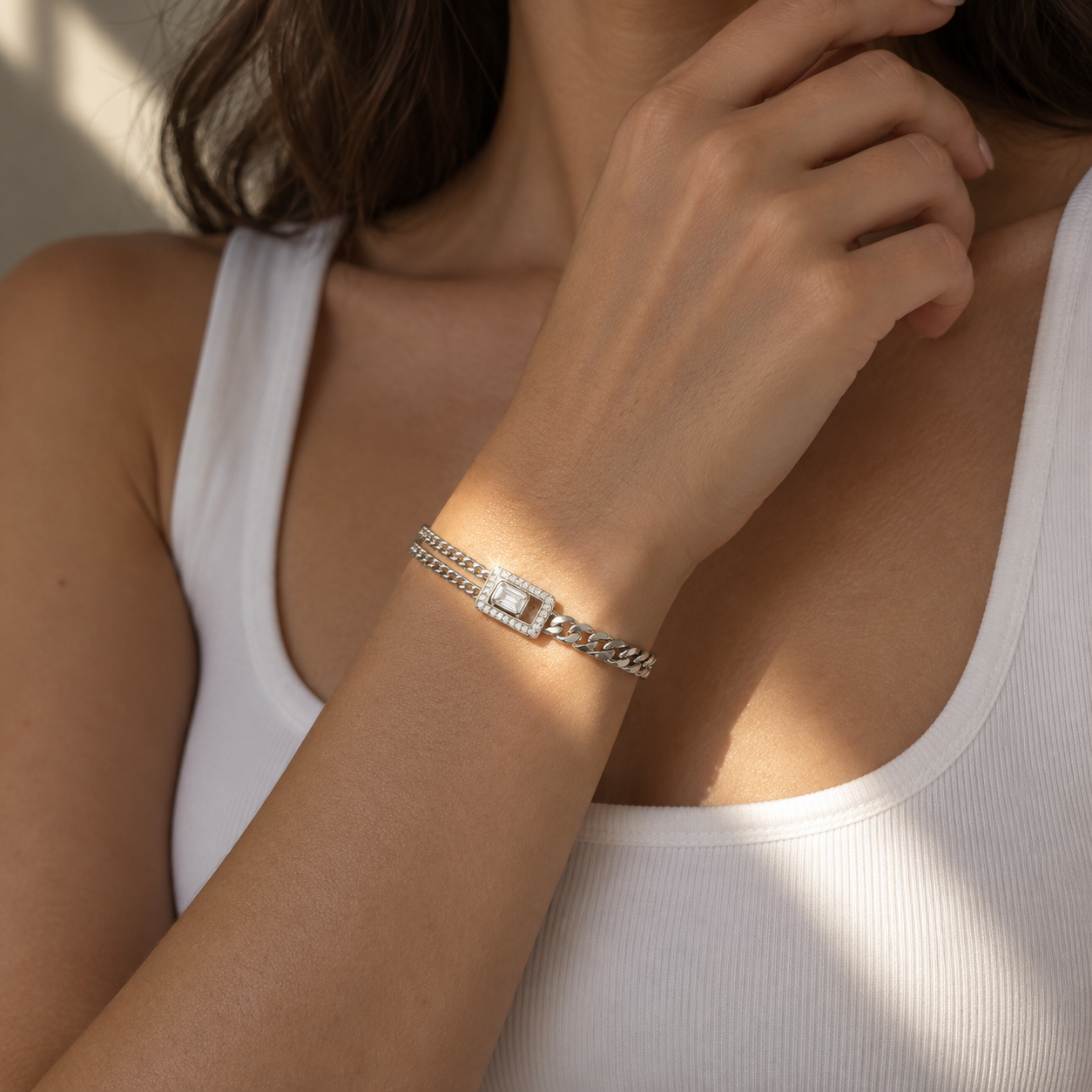 Emerald-Cut Crystal Two-Tone Chain Bracelet - 925 Sterling Silver