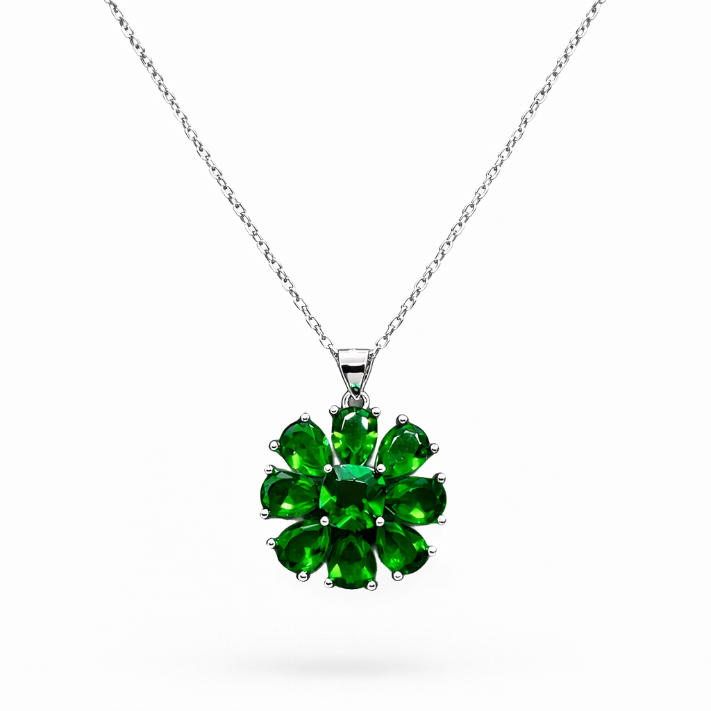 Emerald Bloom Necklace – 925 Sterling Silver Green Crystal Pendant