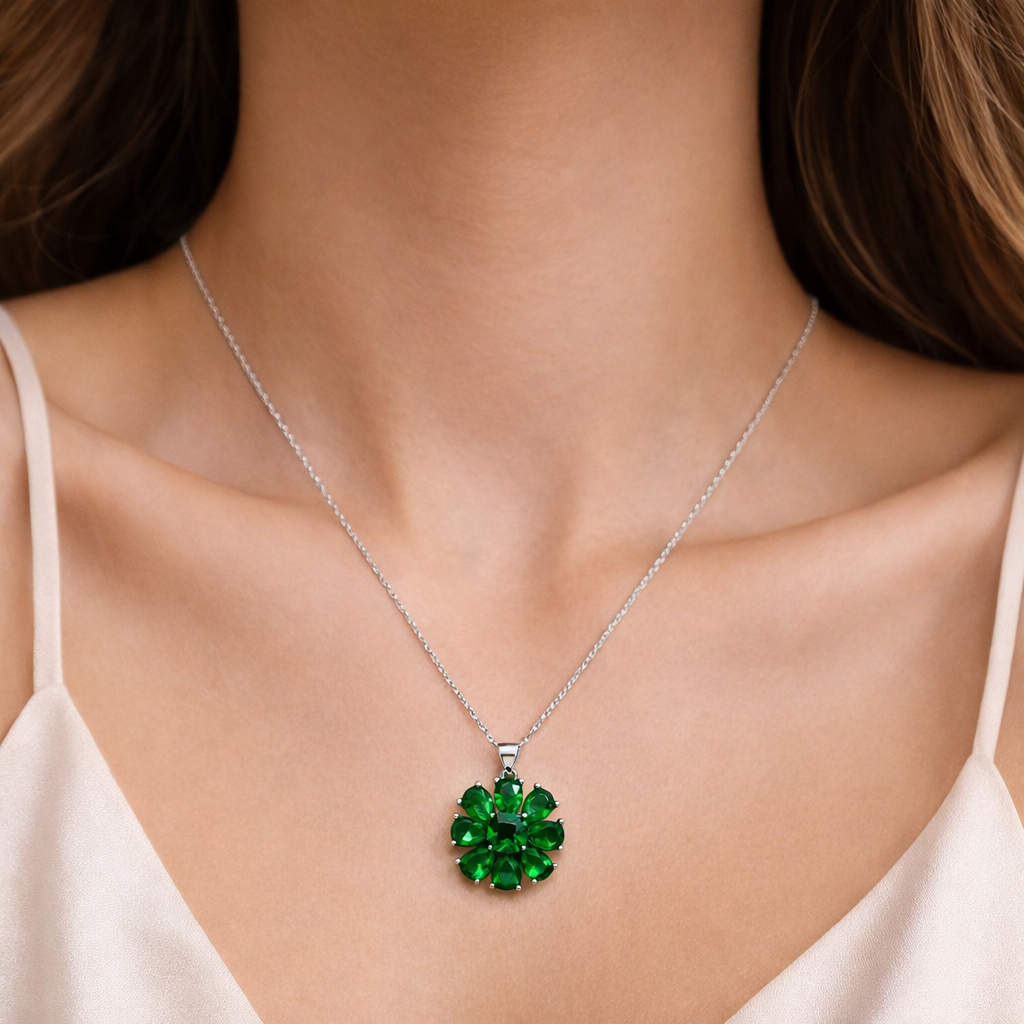 Emerald Bloom Necklace – 925 Sterling Silver Green Crystal Pendant