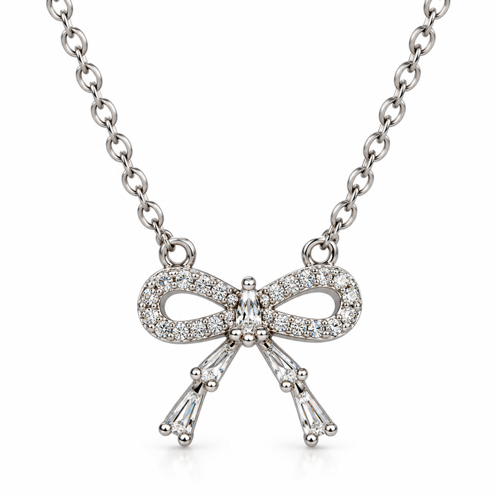 Crystal Bow Pendant Necklace with Sparkling Stone Details