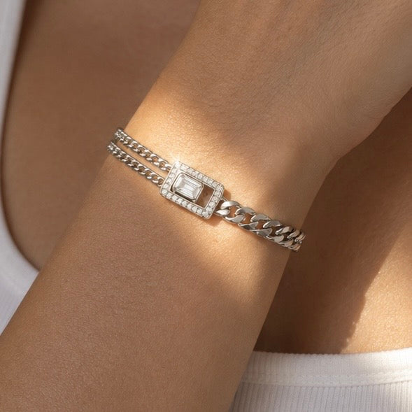 Emerald-Cut Crystal Two-Tone Chain Bracelet - 925 Sterling Silver