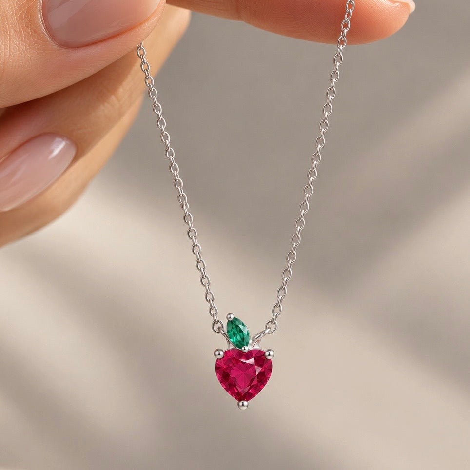 Sweet Cherry Heart Pendant Necklace - 925 Sterling Silver with Vibrant Ruby Zirconia