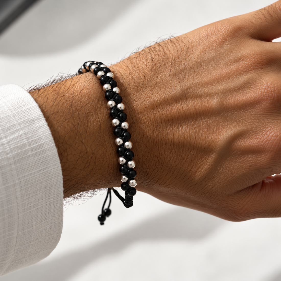 Black & 925 Sterling Silver Beaded Macramé Bracelet