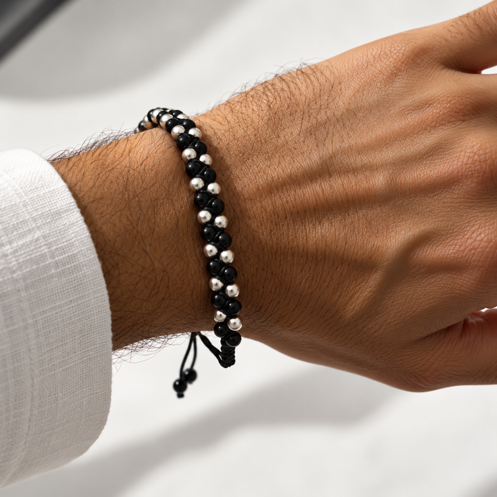 Black & 925 Sterling Silver Beaded Macramé Bracelet