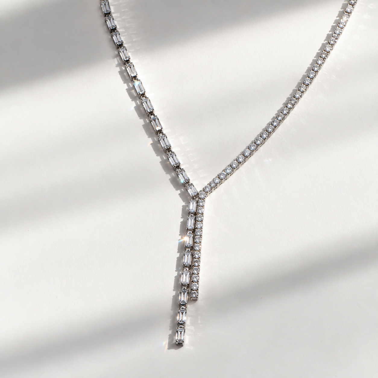 Baguette-Cut Zircon Y-Drop Tennis Necklace in 925 Sterling Silver – 2mm