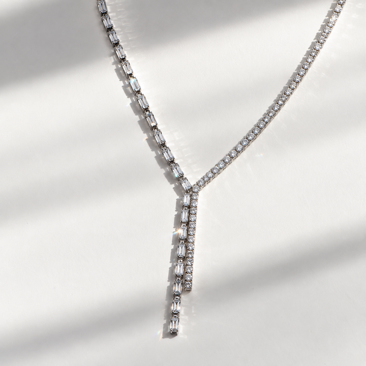 Baguette-Cut Zircon Y-Drop Tennis Necklace in 925 Sterling Silver – 2mm