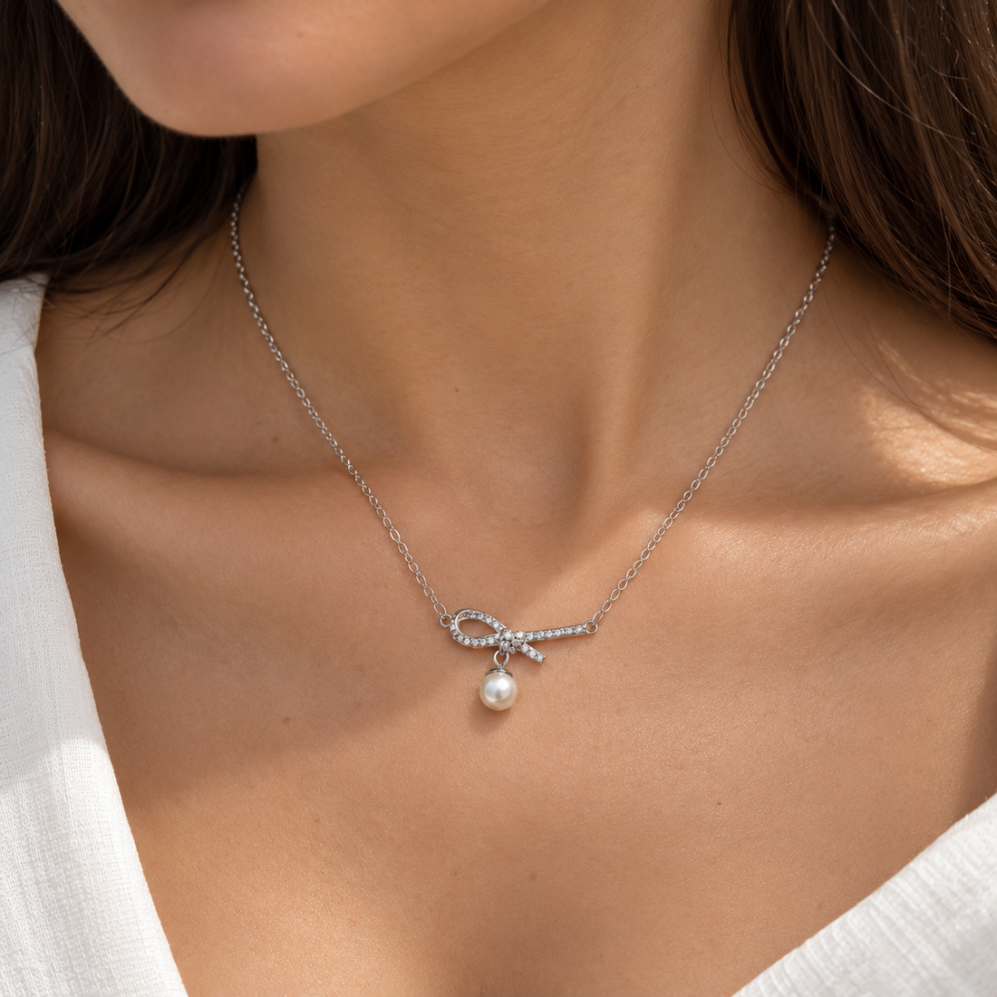 Bow & Pearl Pendant Necklace for Women