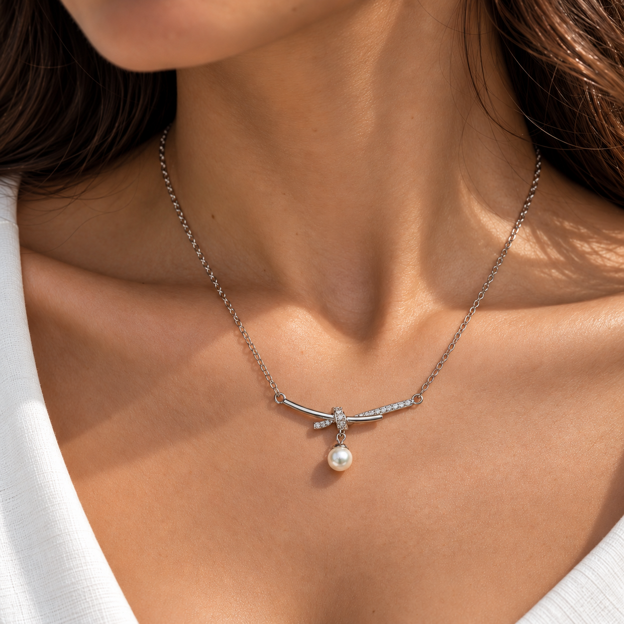 Bow Pendant Necklace with Pearl Drop