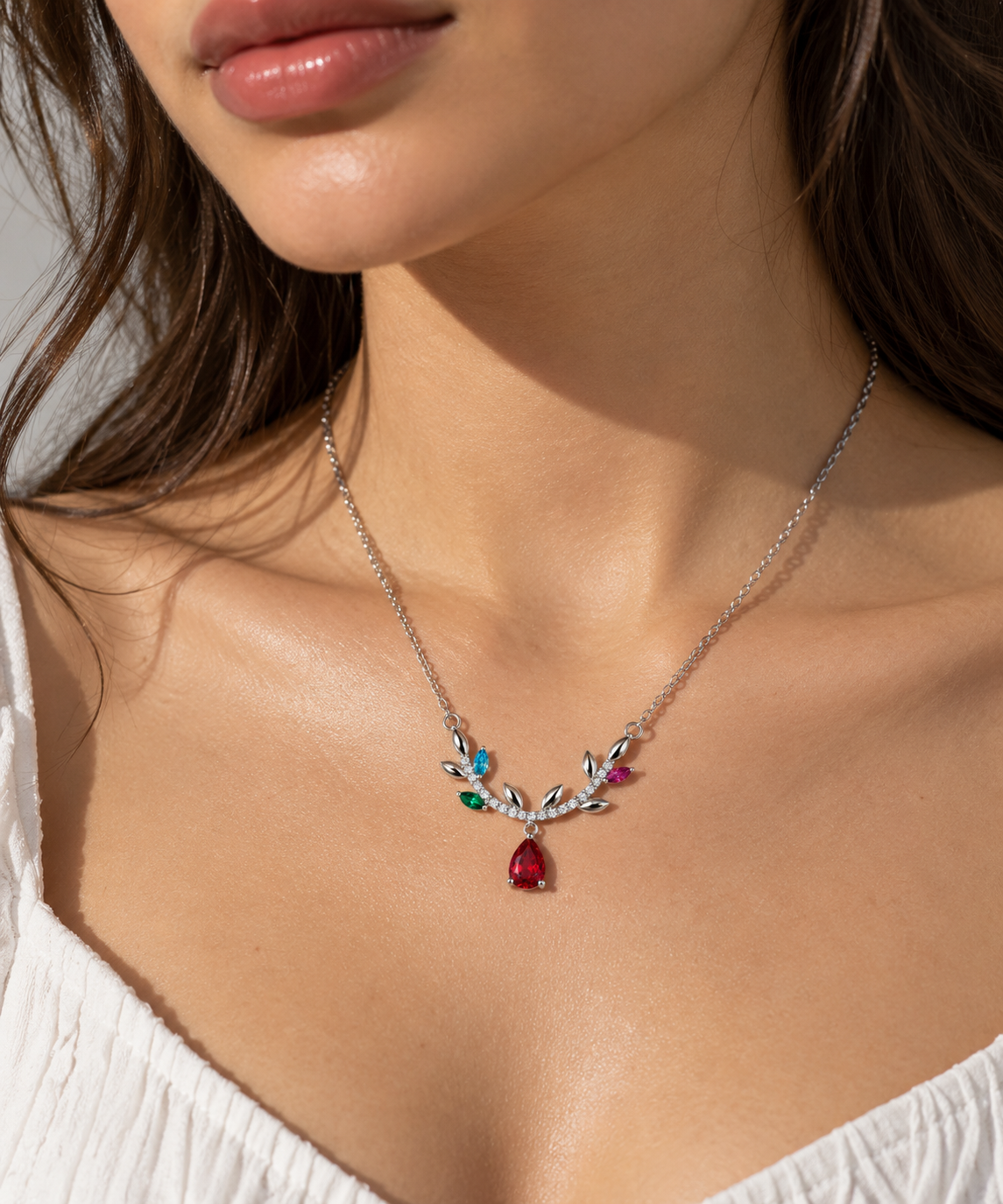 Leaf Charm Sterling Silver Bracelet with Gemstone Details