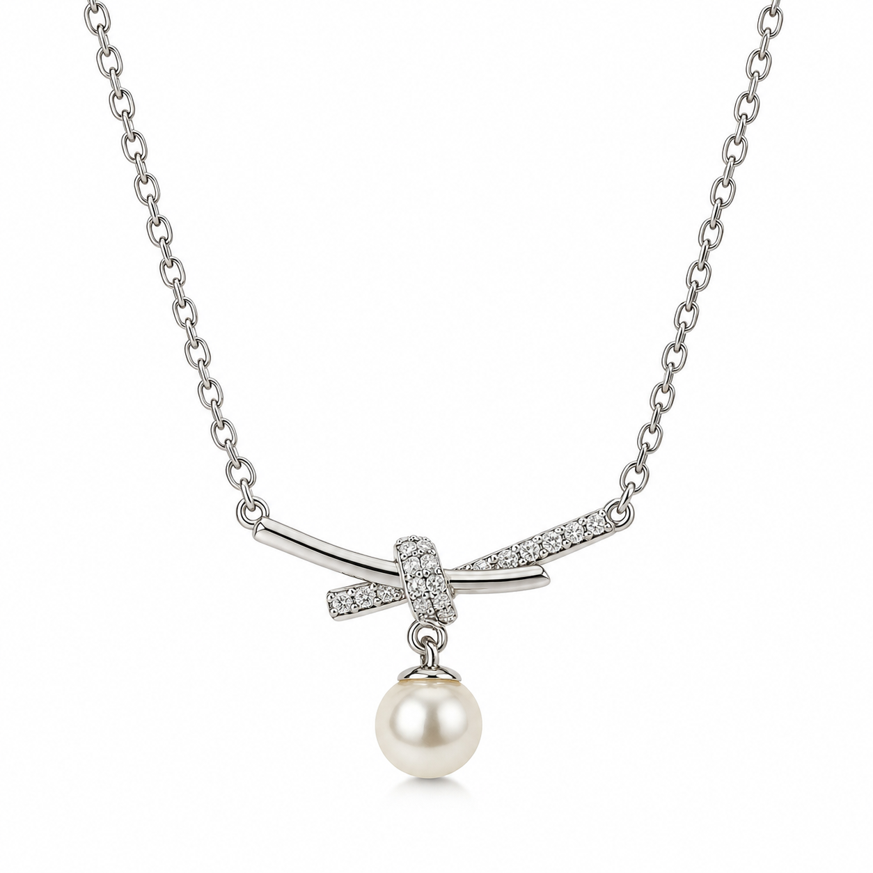 Bow Pendant Necklace with Pearl Drop