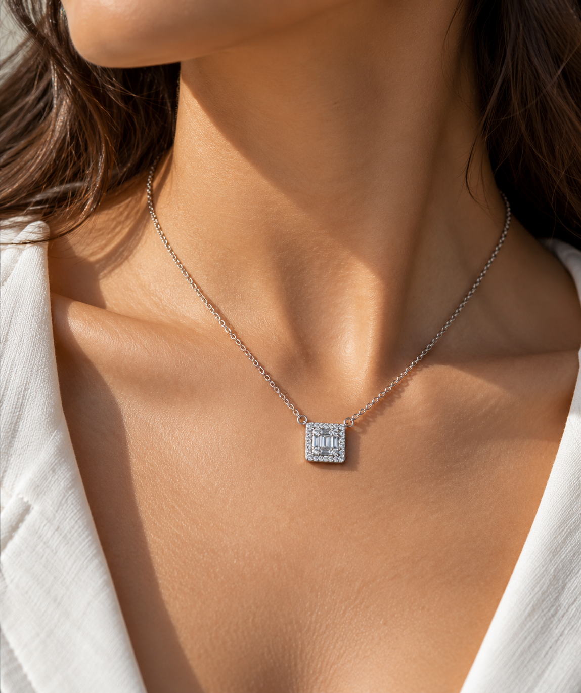 Geometric Baguette Pendant Necklace in 925 Sterling Silver