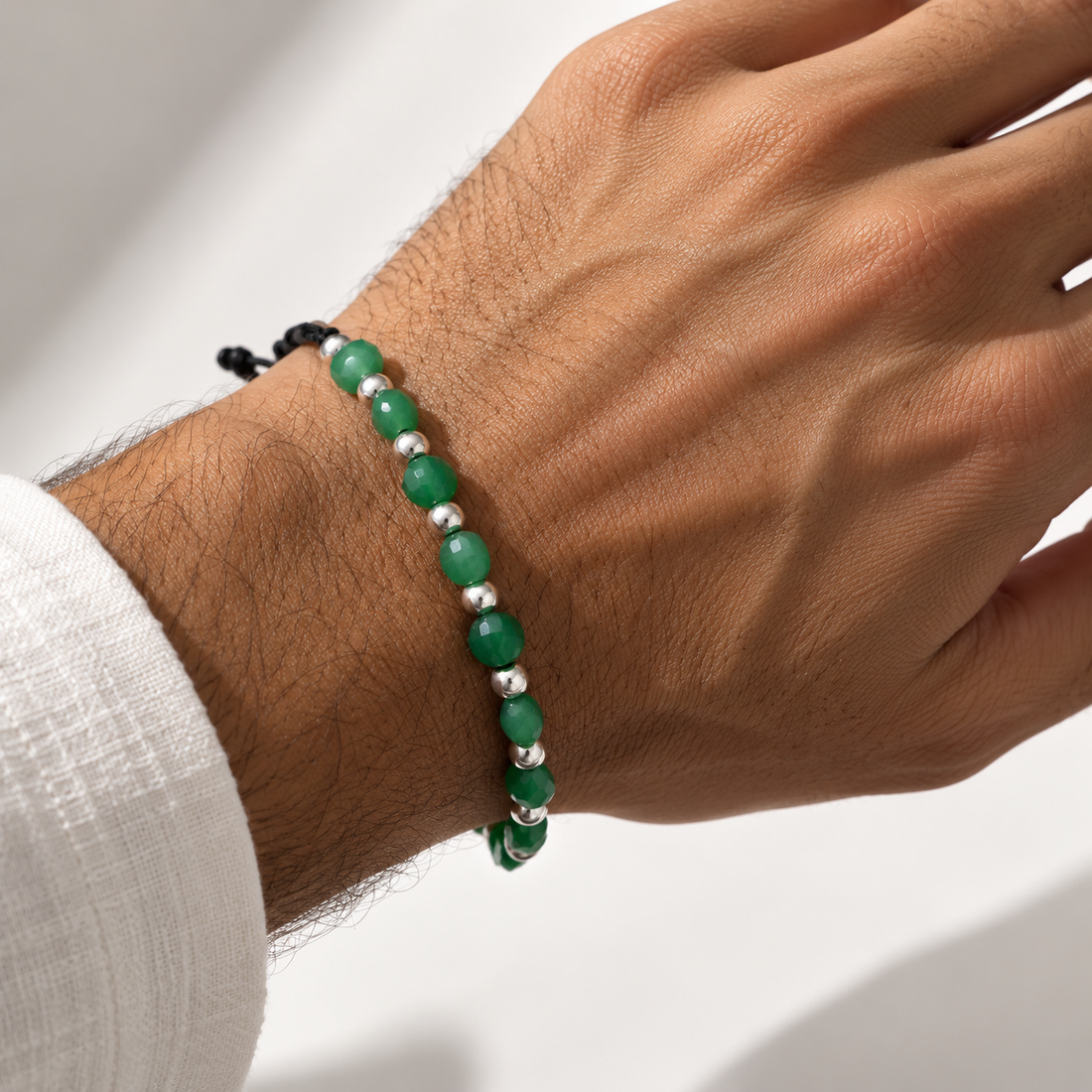Green Aventurine Beaded Bracelet for Men – 925 Sterling Silver Beads | Adjustable Handmade Bracelet