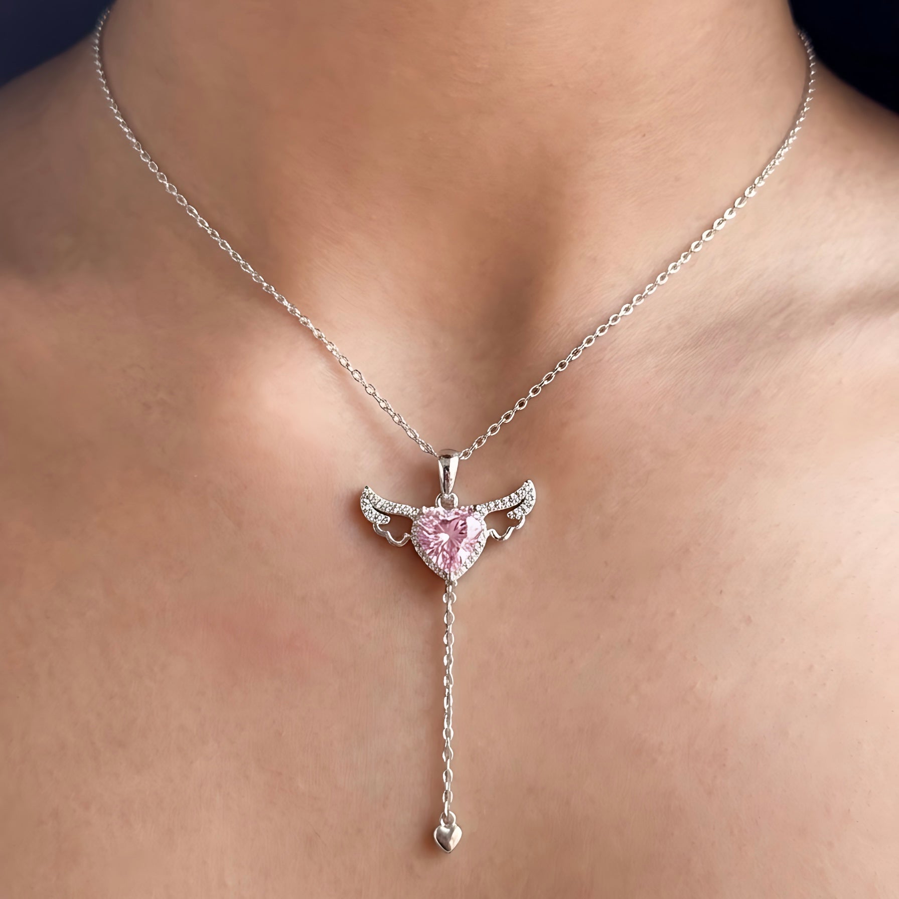 Angel Wings Heart Necklace – Pink Stone