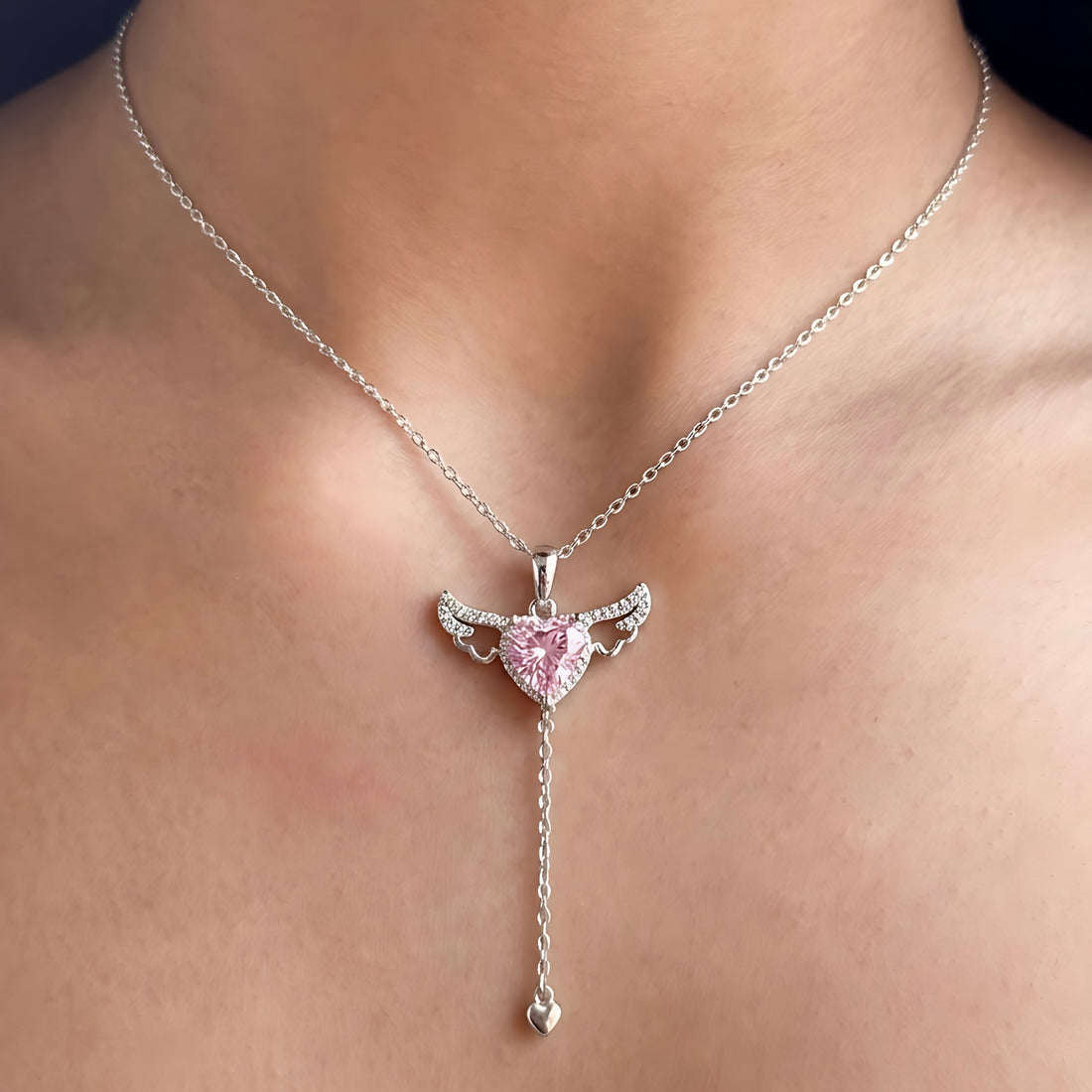 Angel Wings Heart Necklace – Pink Stone