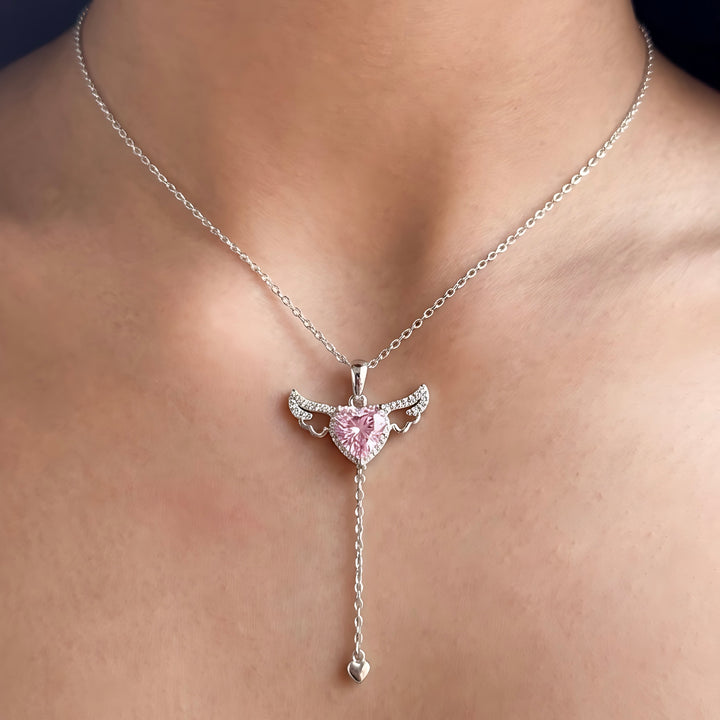 Angel Wings Heart Necklace – Pink Stone