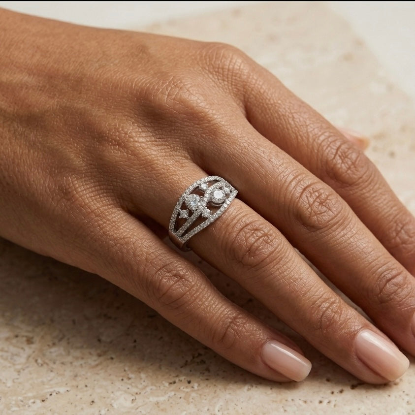 925 Sterling Silver Multi-Stone Open Design Ring – Elegant Crystal Statement Ring