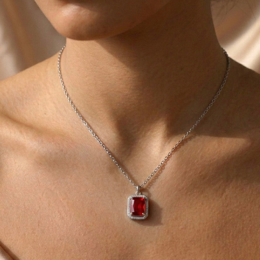 Scarlet Radiance Emerald-Cut Halo Necklace in 925 Sterling Silver