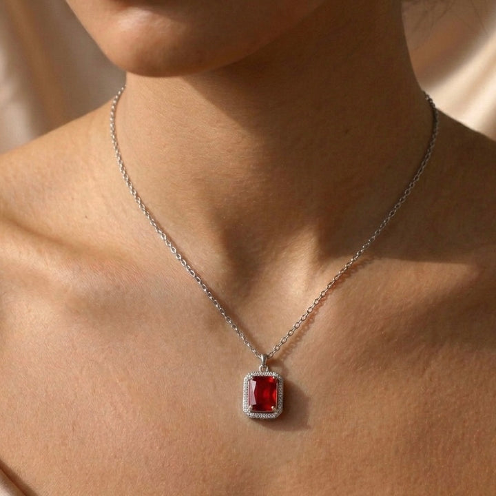 Scarlet Radiance Emerald-Cut Halo Necklace in 925 Sterling Silver