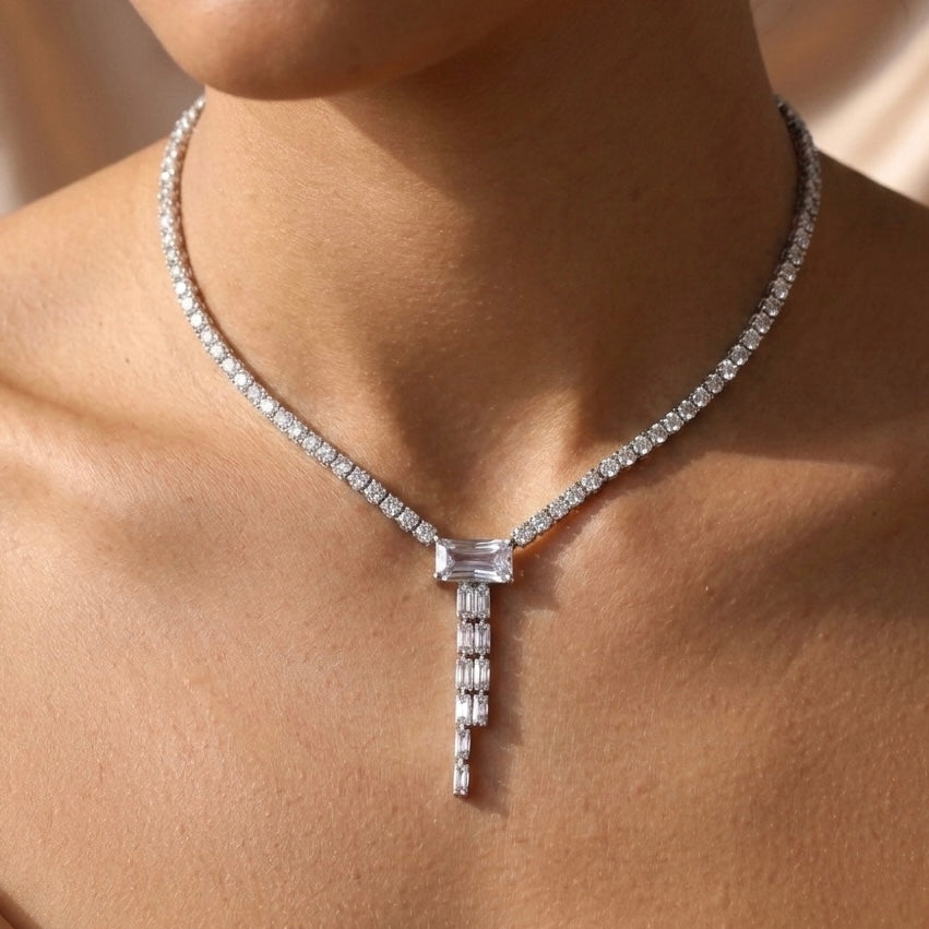 Radiant Baguette Drop Tennis Necklace in 925 Sterling Silver, 3ml