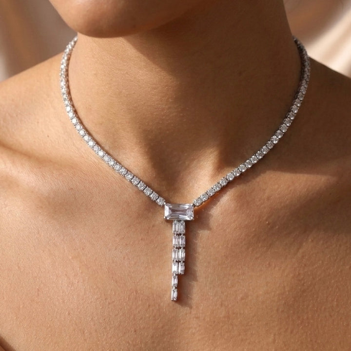 Radiant Baguette Drop Tennis Necklace in 925 Sterling Silver, 3ml