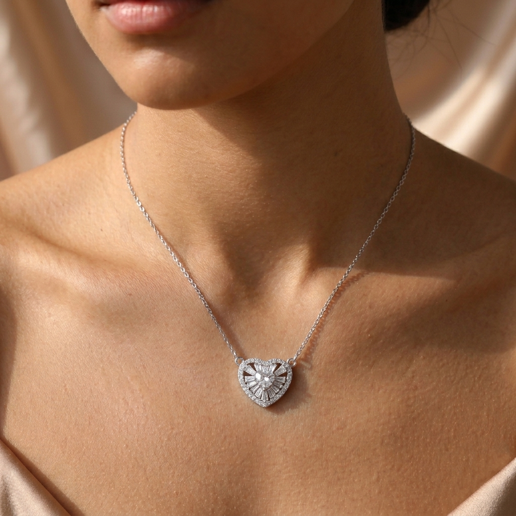 Radiant Heart Mosaic Pendant Necklace – 925 Sterling Silver Baguette & Pavé Halo Statement