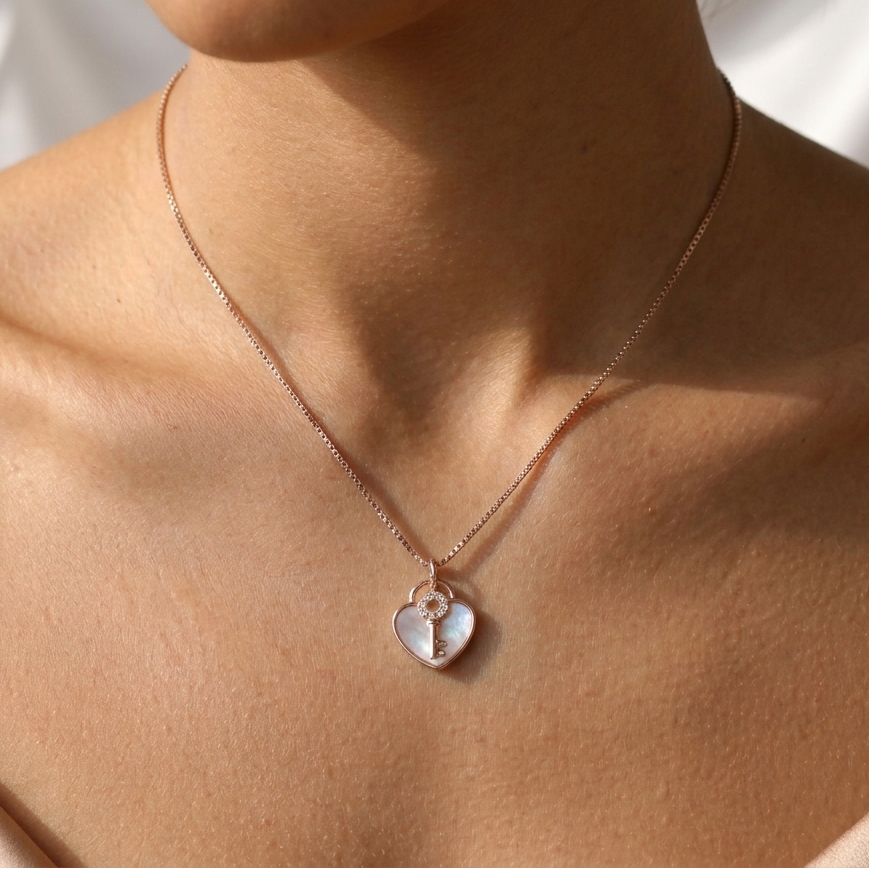 "Key to My Heart" Mother of Pearl Necklace - 18K Rose Gold on 925 Sterling Silver