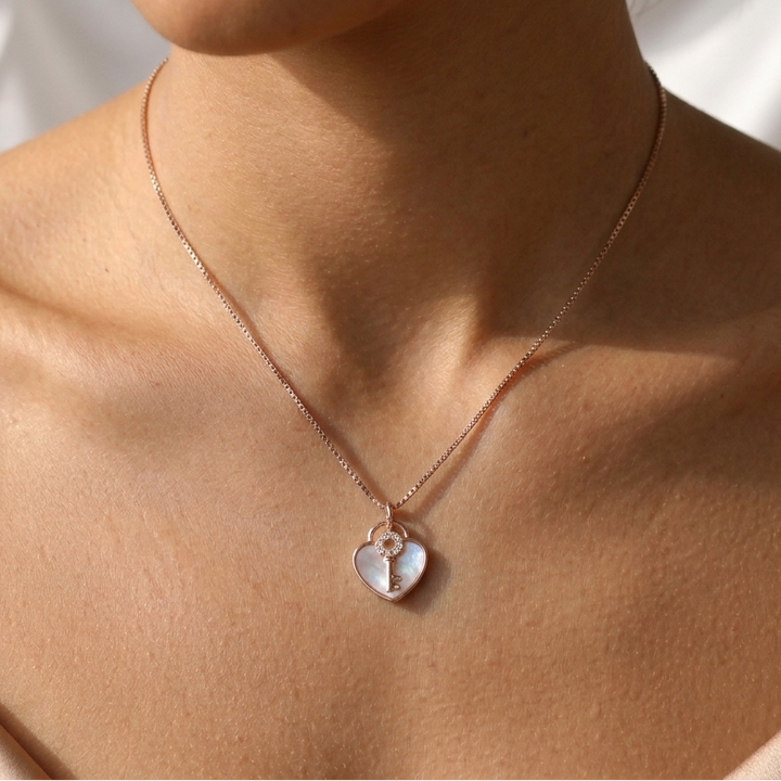 "Key to My Heart" Mother of Pearl Necklace - 18K Rose Gold on 925 Sterling Silver