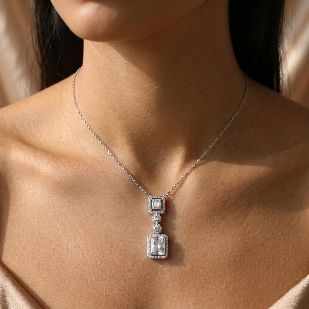 Regal Emerald-Cut Tiered Drop Necklace - 925 Sterling Silver Pavé Halo Pendant