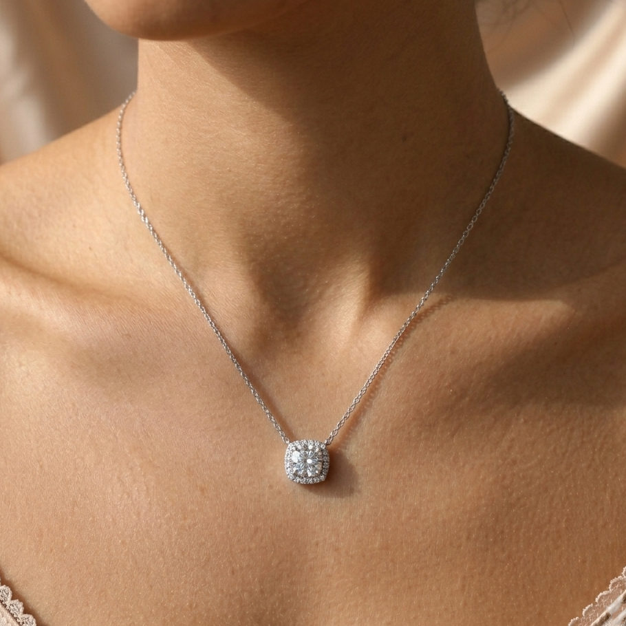 Classic Cushion-Cut Halo Pendant Necklace - 925 Sterling Silver