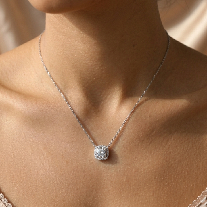 Classic Cushion-Cut Halo Pendant Necklace - 925 Sterling Silver