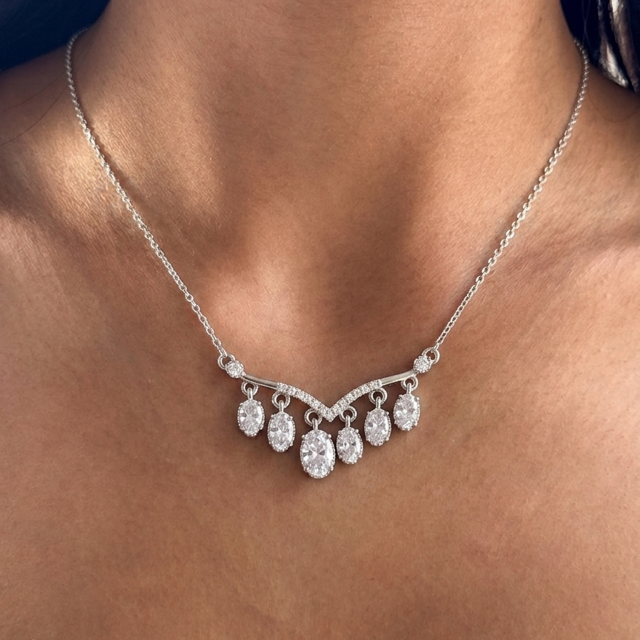 Vintage Glamour Waterfall Necklace - 925 Sterling Silver Marquise Dangle Pendant