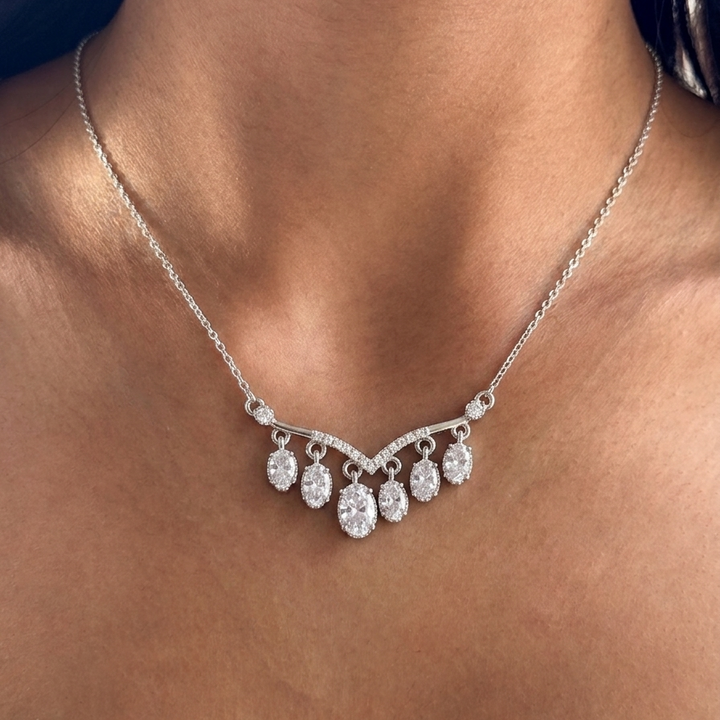 Vintage Glamour Waterfall Necklace - 925 Sterling Silver Marquise Dangle Pendant