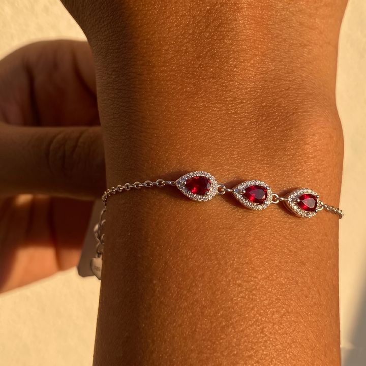 Scarlet Teardrop Trio Bracelet – 925 Sterling Silver Ruby Red, Lengh 18cm