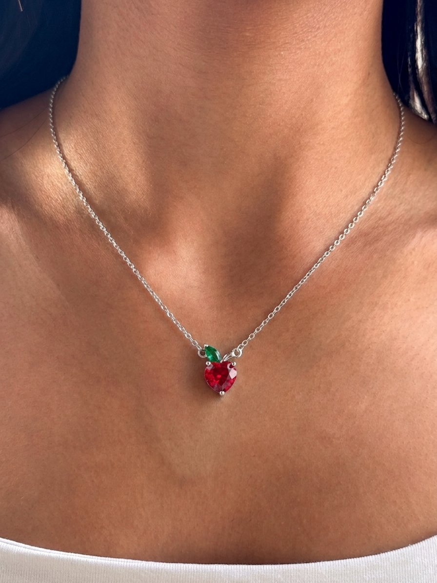 Sweet Cherry Heart Pendant Necklace - 925 Sterling Silver with Vibrant Ruby Zirconia