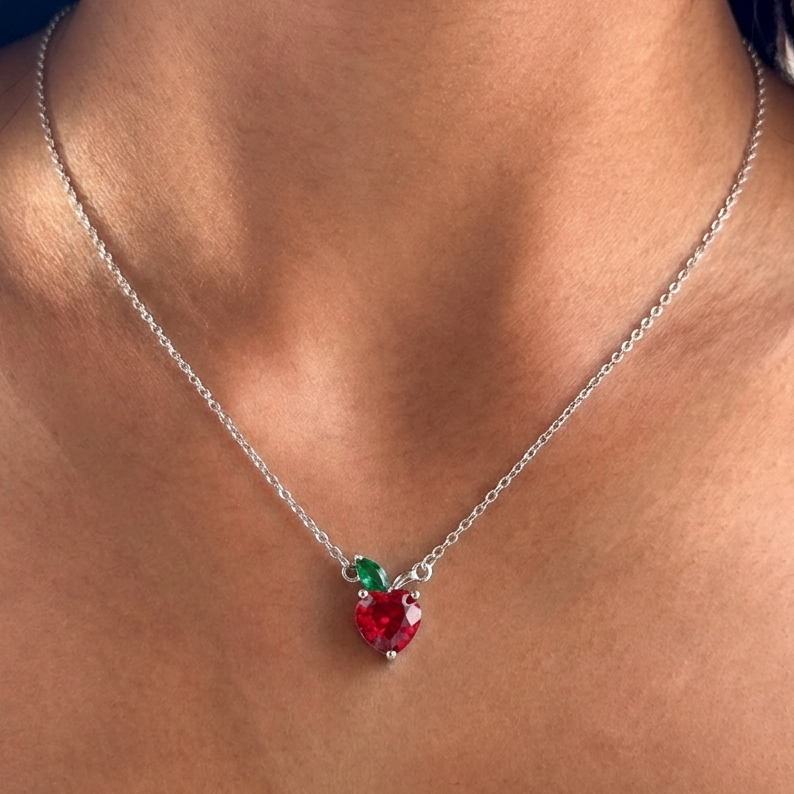 Sweet Cherry Heart Pendant Necklace - 925 Sterling Silver with Vibrant Ruby Zirconia