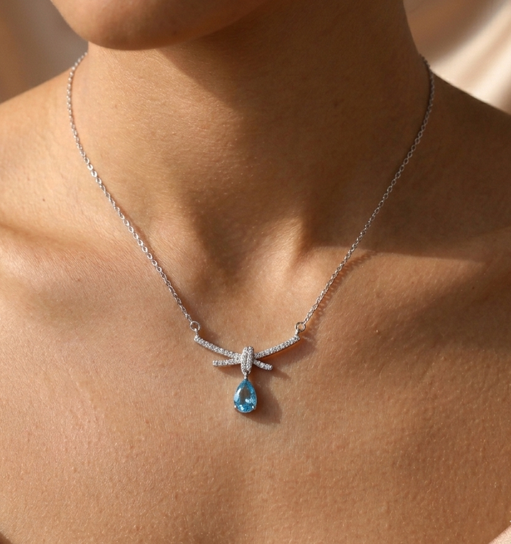 Aquamarine Droplet Bow Necklace - 925 Sterling Silver Pavé Ribbon Pendant