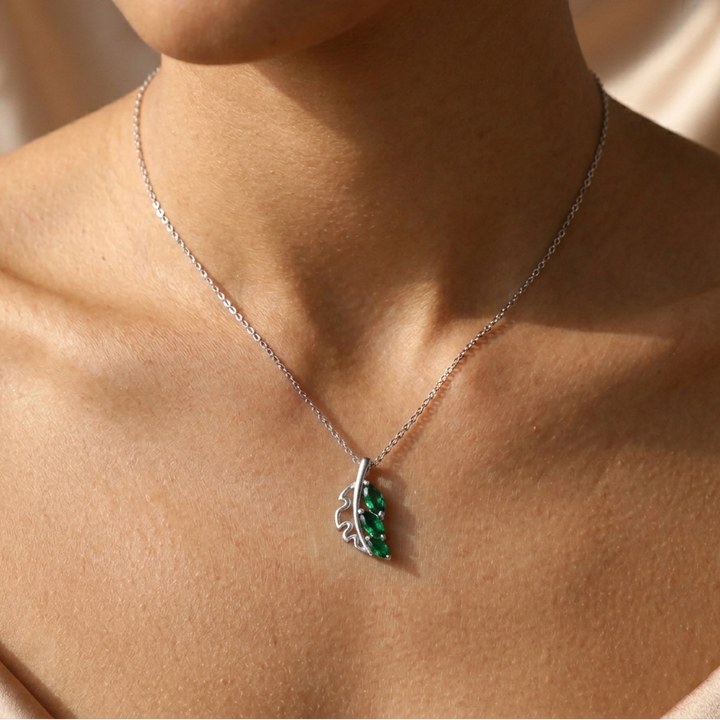 Enchanted Emerald Leaf Necklace - 925 Sterling Silver Marquise Botanical Pendant