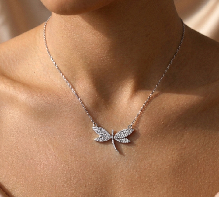 Shimmering Dragonfly Pendant Necklace - Pavé-Set 925 Sterling Silver Nature-Inspired Jewelry