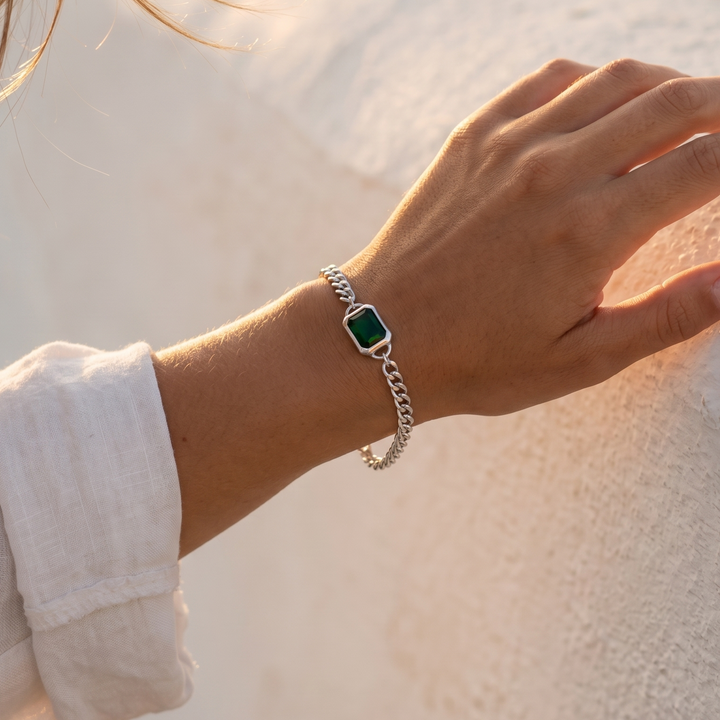 Emerald-Cut Green Ziricon Gourmette Bracelet – 925 Sterling Silver 4mm