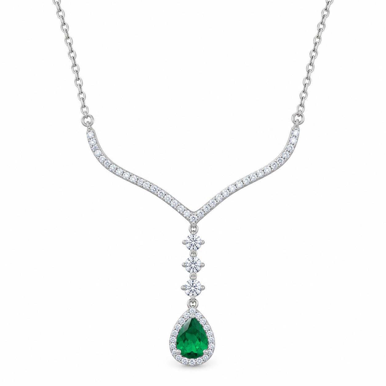 Emerald Green Pear-Cut Zircon Drop Necklace - Royal Chevron Design - Sterling Silver 925