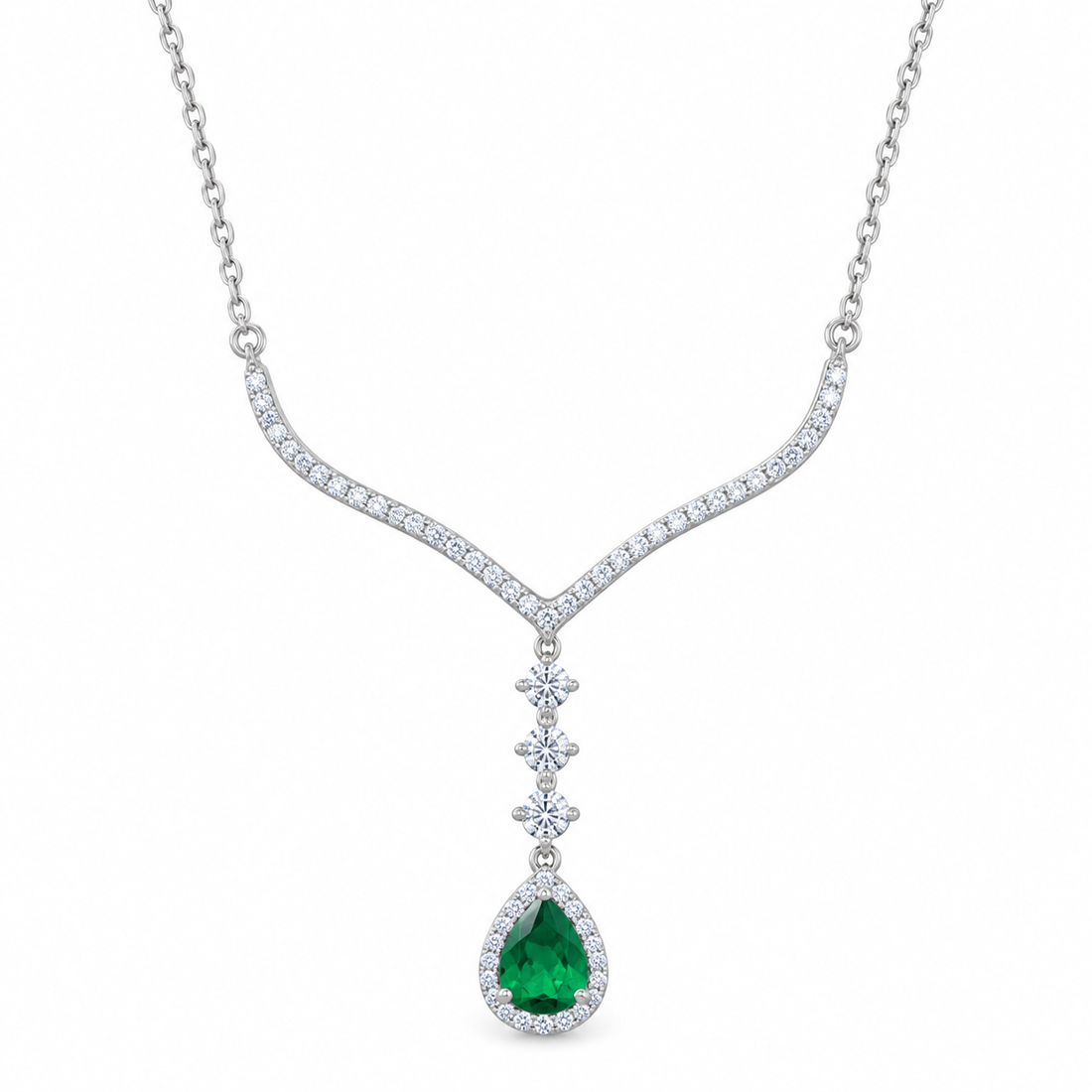 Emerald Green Pear-Cut Zircon Drop Necklace - Royal Chevron Design - Sterling Silver 925