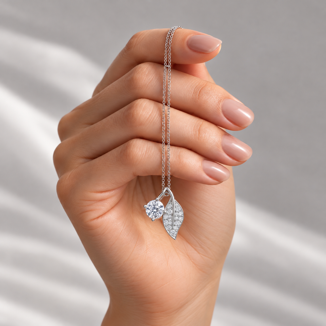 925 Sterling Silver Leaf Pendant Necklace with Sparkling Clear Stones