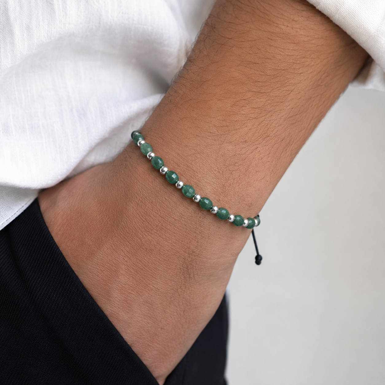 Green Aventurine Beaded Bracelet for Men – 925 Sterling Silver Beads | Adjustable Handmade Bracelet