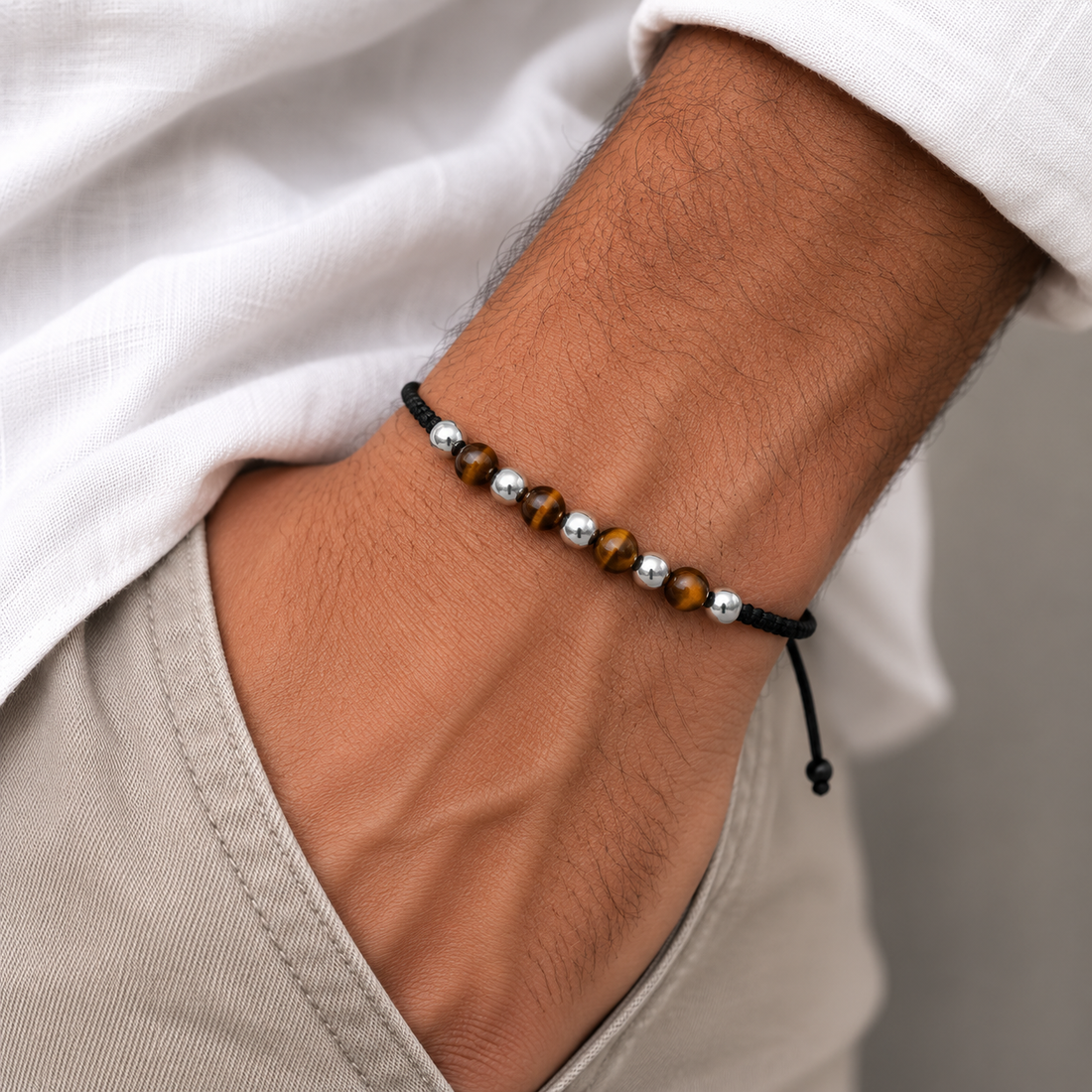 Tiger Eye Beaded Bracelet for Men – 925 Sterling Silver Beads | Adjustable Handmade Bracelet