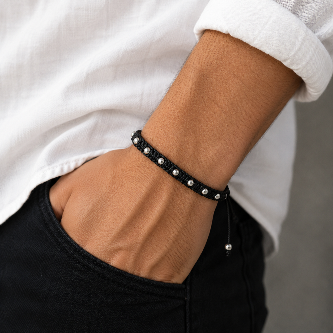 925 Sterling Silver Woven Bracelet for Men – Handmade Adjustable Black Cord Bracelet
