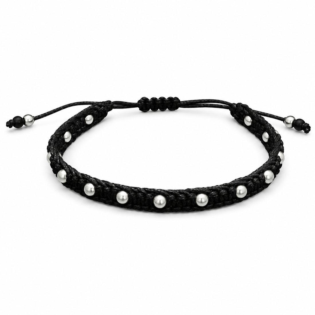 925 Sterling Silver Woven Bracelet for Men – Handmade Adjustable Black Cord Bracelet